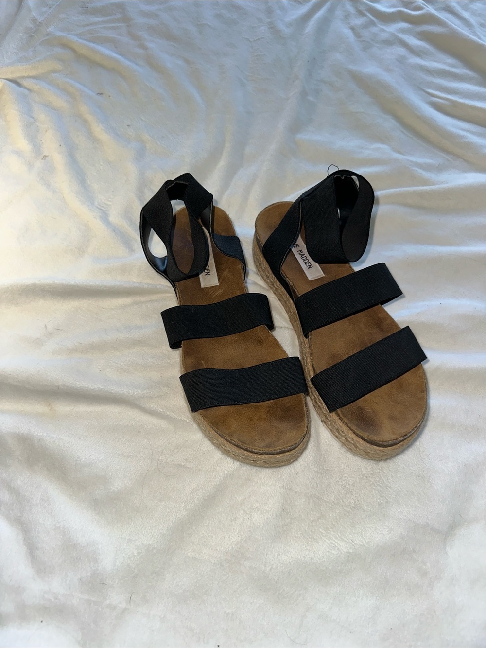 Steve Madden Black and Tan Strap Espadrille Sandals